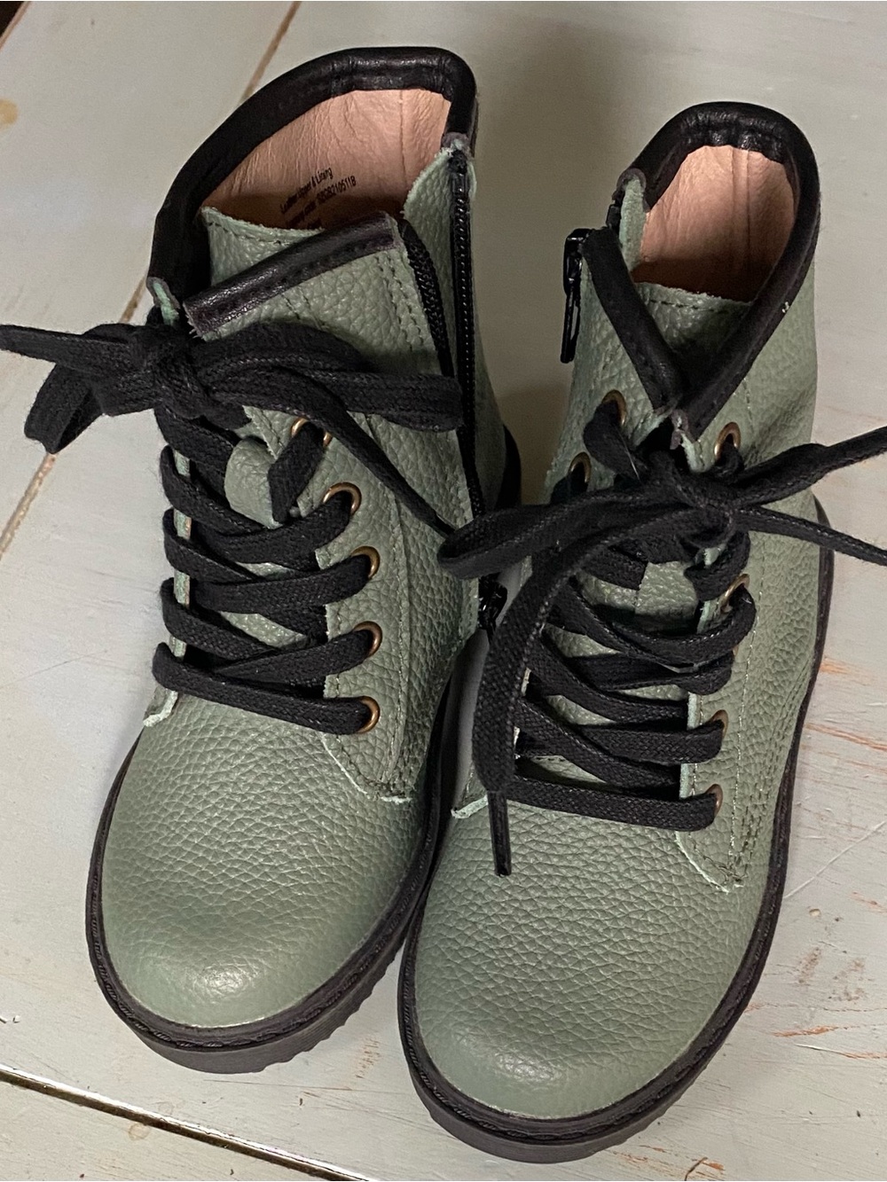 Monkey Feet Lace-Up Ankle Boots in Sage Green with Black Trim